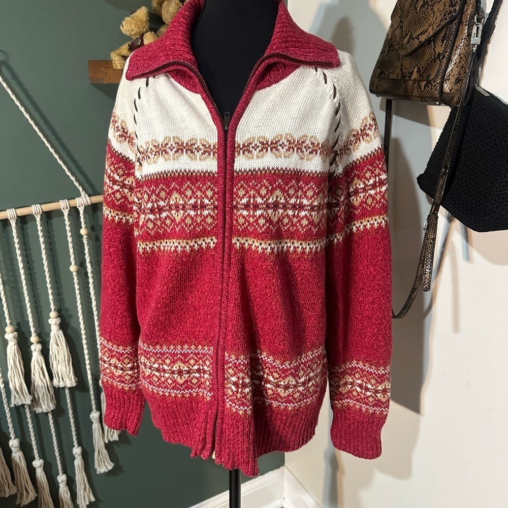 Vintage Tiara International Red and White Knit Zip-Up Sweater Size L - Picture 1 of 5